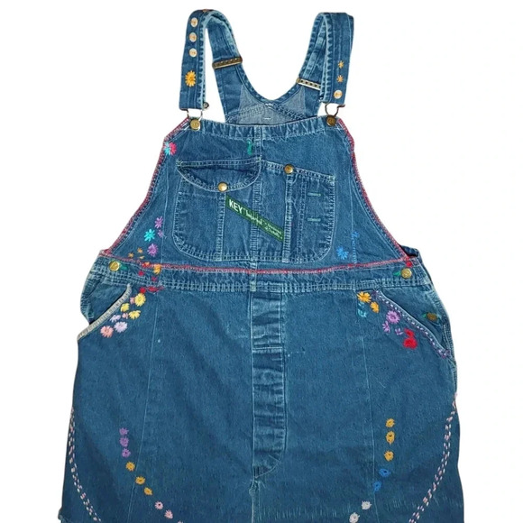 Boho Hippie Vintage Key Denim Floral Embroidered Crochet Over-Alls Maxi Dress - Picture 2 of 10